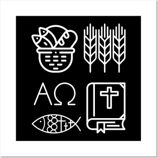 Black and White Christian Symbols Alpha, Omega, Wheat, Harvest, Bible, Fish, Bread Posters and Art